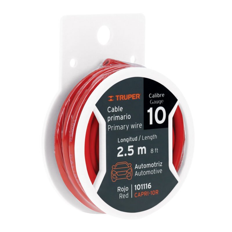 CAPRI-10R.jpg Código: 101116 Carrete con 2.5 m de cable primario rojo calibre 10, Truper CAPRI-10R