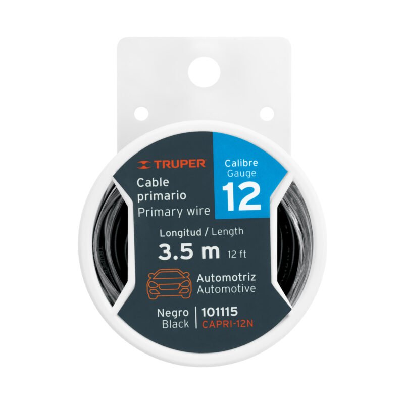 CAPRI-12N.jpg Código: 101115 Carrete con 3.5 m de cable primario negro calibre 12, Truper CAPRI-12N