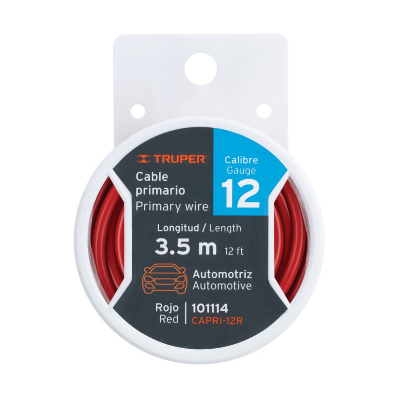 CAPRI-12R.jpg Código: 101114 Carrete con 3.5 m de cable primario rojo calibre 12, Truper CAPRI-12R