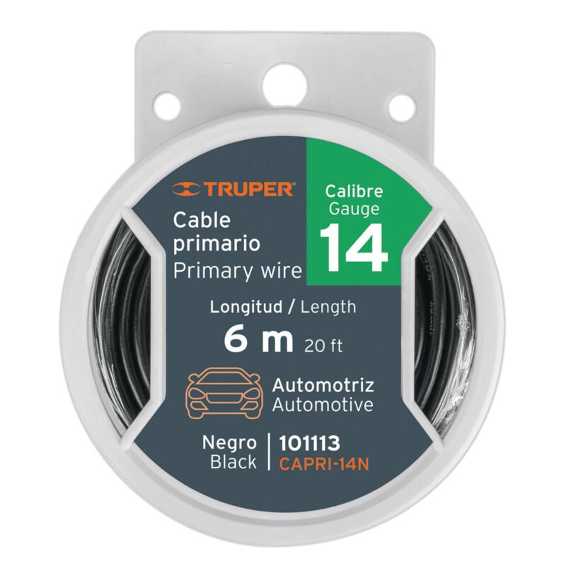 CAPRI-14N.jpg Código: 101113 Carrete con 6 m de cable primario negro calibre 14, Truper CAPRI-14N