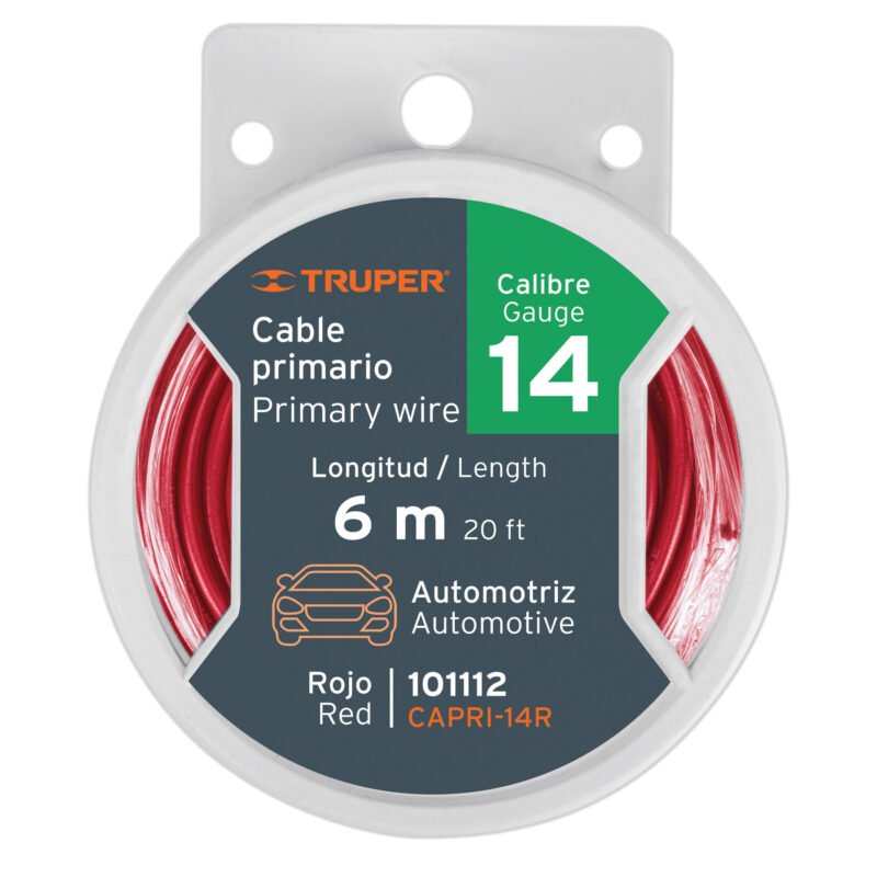 CAPRI-14R.jpg Código: 101112 Carrete con 6 m de cable primario rojo calibre 14, Truper CAPRI-14R