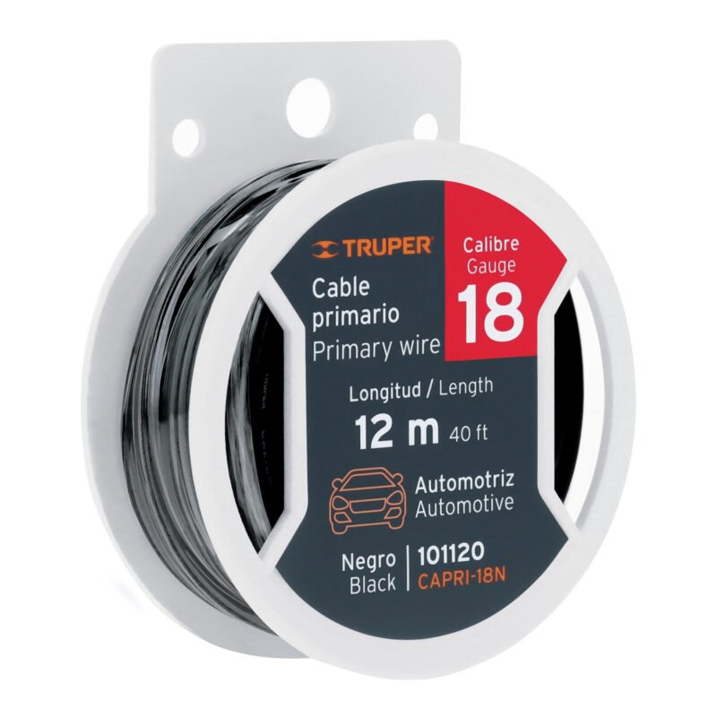CAPRI-18N.jpg Código: 101120 Carrete con 12 m de cable primario negro calibre 18, Truper CAPRI-18N