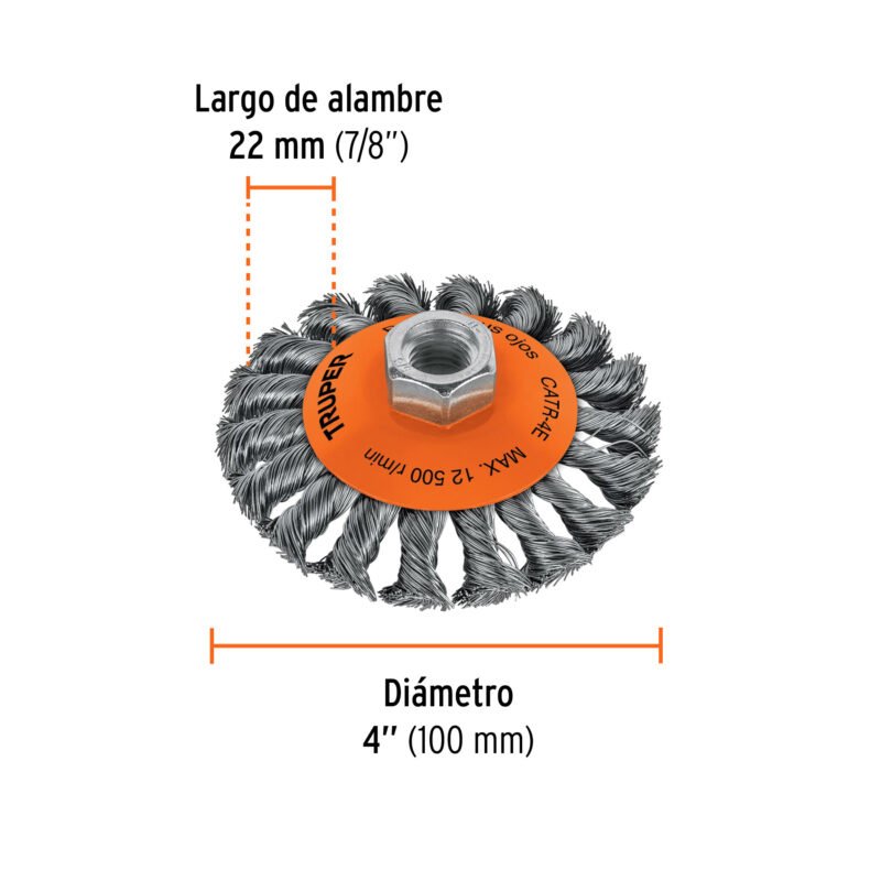 CATR-4EFC2.jpg Código: 14190 Carda tipo cónico 4' alambre trenzado, eje 5/8'-11, Truper CATR-4E