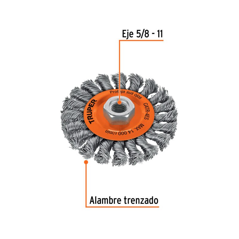 CATR-4ESFC1.jpg Código: 17527 Carda circular 4' alambre trenzado, eje 5/8'-11, Truper CATR-4ES