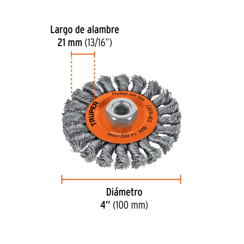 CATR-4ESFC2.jpg Código: 17527 Carda circular 4' alambre trenzado, eje 5/8'-11, Truper CATR-4ES