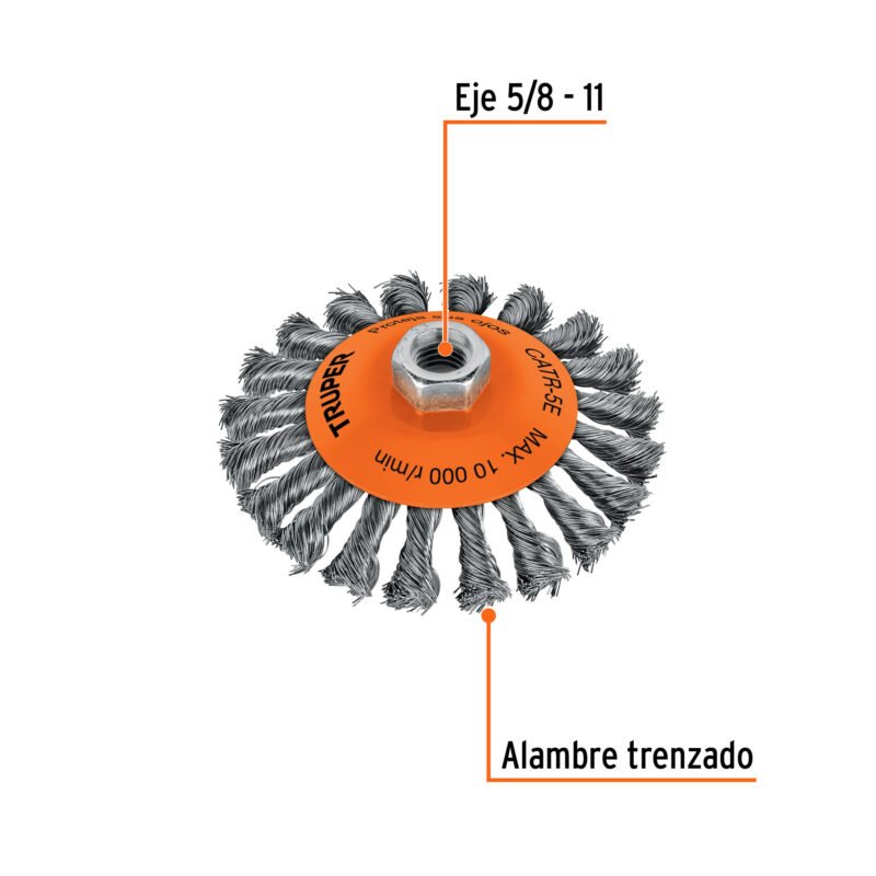 CATR-5EFC1.jpg Código: 14191 Carda tipo cónico 5' alambre trenzado, eje 5/8'-11, Truper CATR-5E