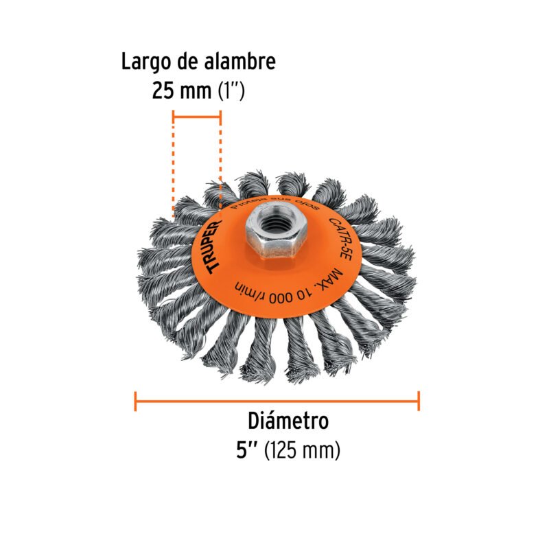 CATR-5EFC2.jpg Código: 14191 Carda tipo cónico 5' alambre trenzado, eje 5/8'-11, Truper CATR-5E
