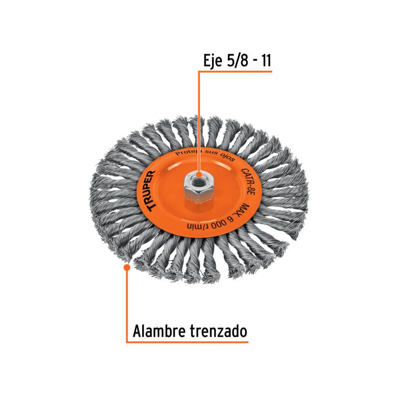 CATR-8EFC1.jpg Código: 17528 Carda circular 8' alambre trenzado, eje 5/8'-11, Truper CATR-8E