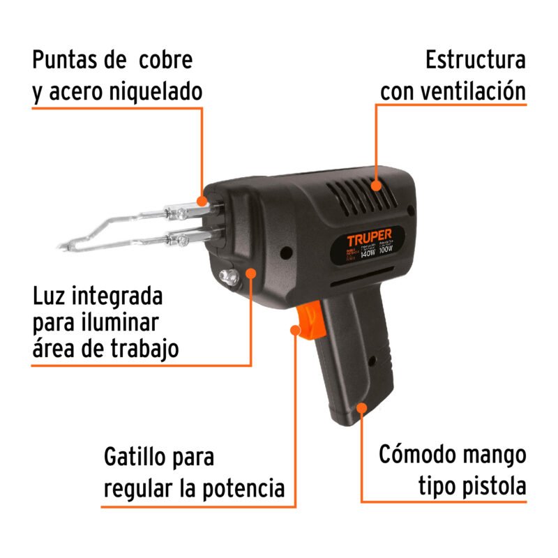 CAU-140FC1.jpg Código: 17548 Cautín 140 W tipo pistola con 2 temperaturas, Truper CAU-140
