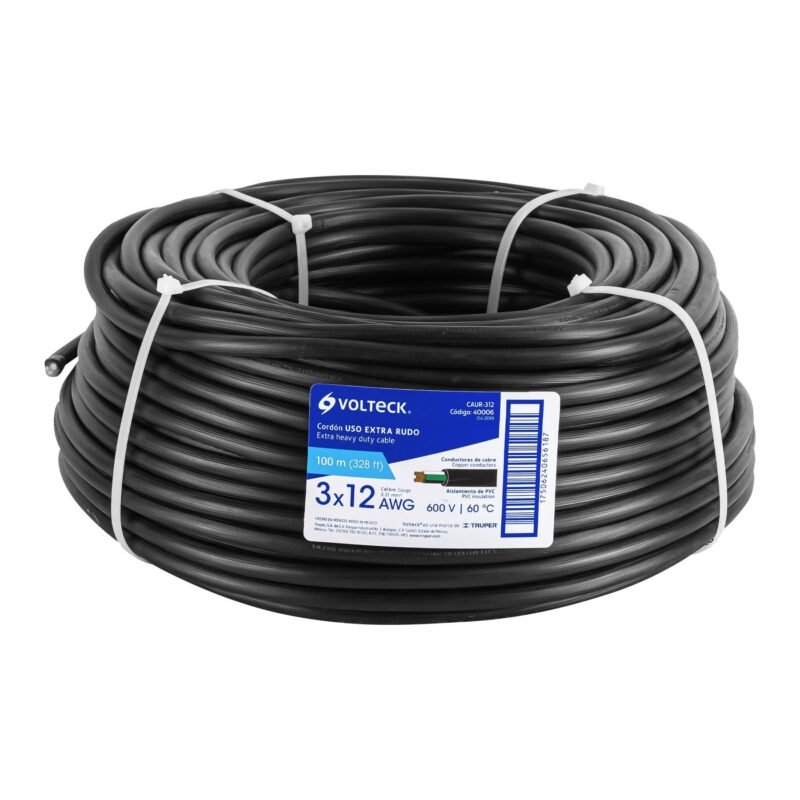 CAUR-312.jpg Código: 40006 Metro de cable uso extra rudo 3 x 12 AWG en rollo de 100 m CAUR-312