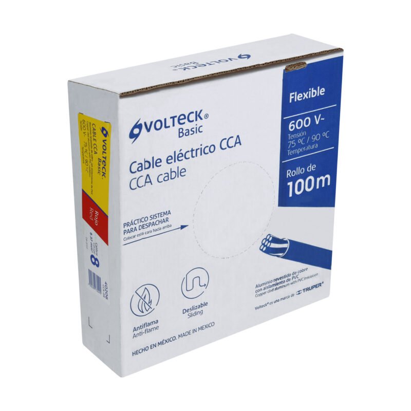 CCA-8R.jpg Código: 40206 Rollo de 100 metros de cable THW CCA 8 AWG rojo, Basic CCA-8R