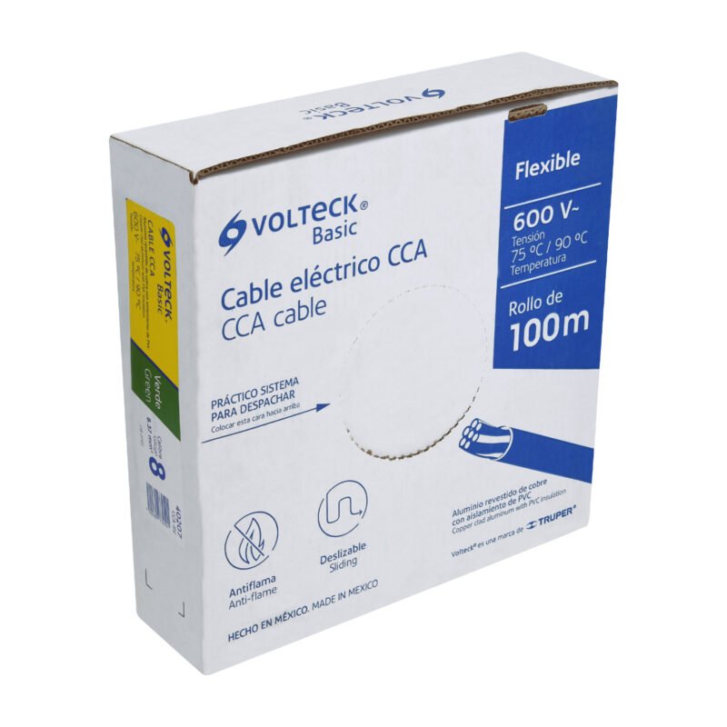 CCA-8V.jpg Código: 40207 Rollo de 100 metros de cable THW CCA 8 AWG verde, Basic CCA-8V