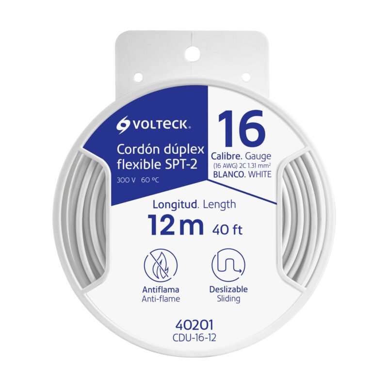 CDU-16-12.jpg Código: 40201 Carrete con 12 m cordón dúplex flexible SPT 16 AWG, Volteck CDU-16-12