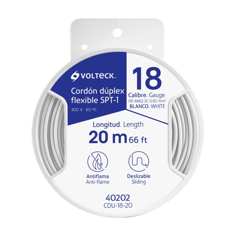 CDU-18-20.jpg Código: 40202 Carrete con 20 m cordón dúplex flexible SPT 18 AWG, Volteck CDU-18-20