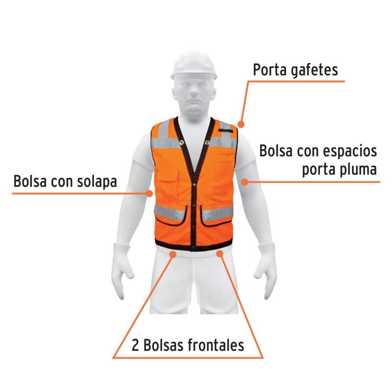 Código: 13480 Chaleco seguridad reforzado naranja con bolsas, G, Expert CHS-800N-L
