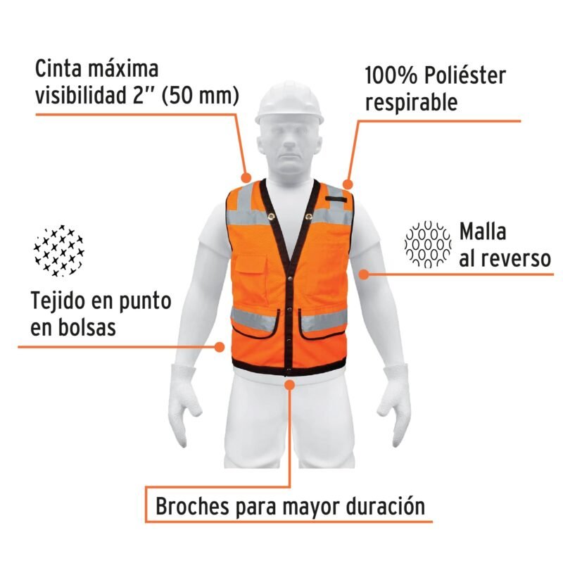Código: 13481 Chaleco seguridad reforzado naranja con bolsas, XG, Expert CHS-800N-XL