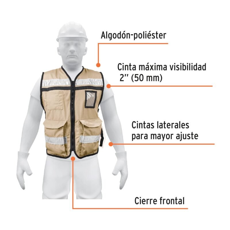 CHS-900BFC1.jpg Código: 14668 Chaleco brigadista con cintas reflejantes, color beige CHS-900B