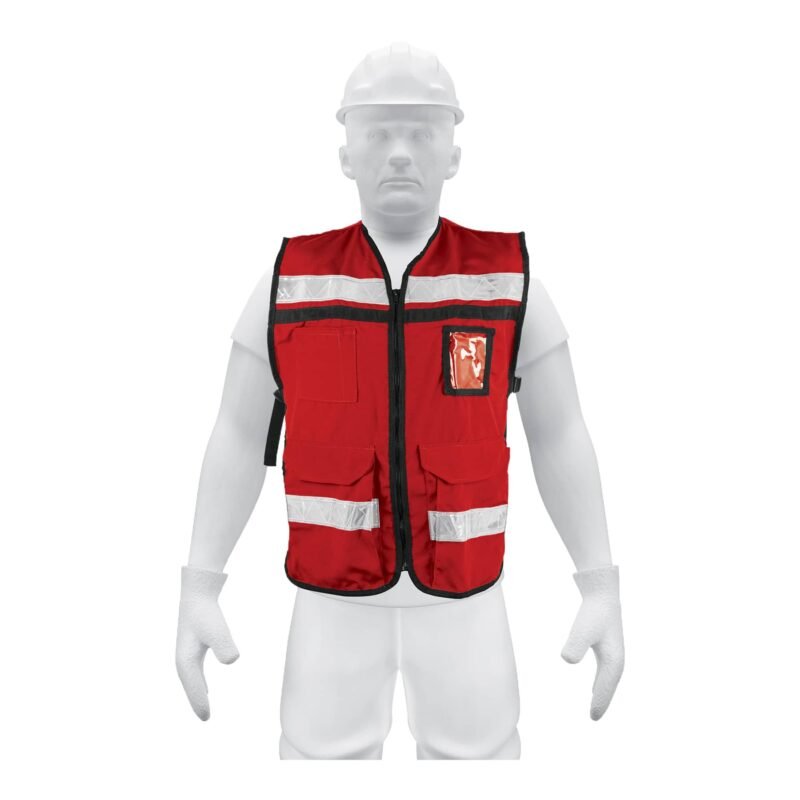 CHS-900R.jpg Código: 14663 Chaleco brigadista con cintas reflejantes, color rojo CHS-900R