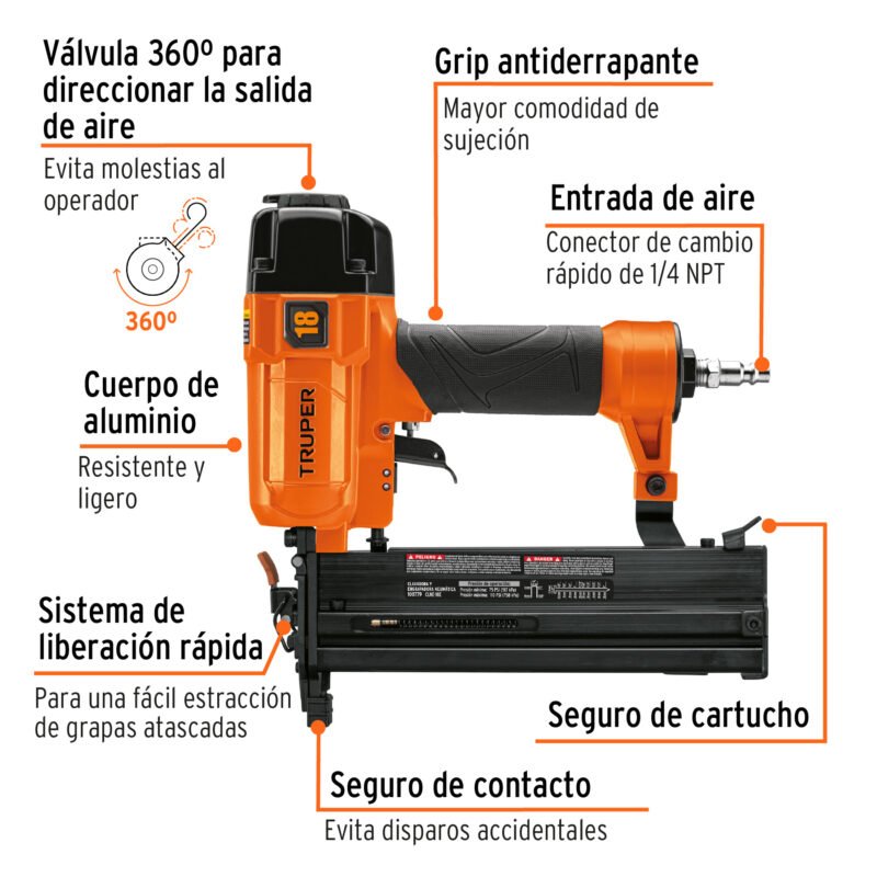 CLNE-18EFC1.jpg Código: 100779 Clavadora y engrapadora neumática profesional, calibre 18 CLNE-18E