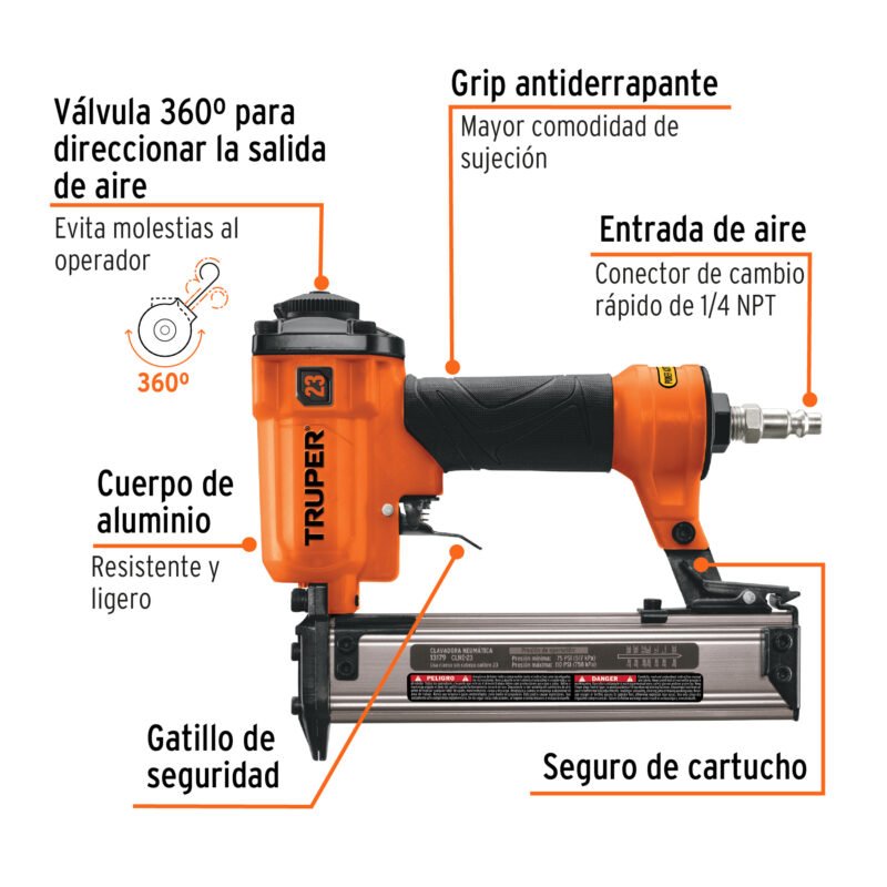 CLNE-23FC1.jpg Código: 13179 Clavadora neumática, profesional, calibre 23, Truper CLNE-23