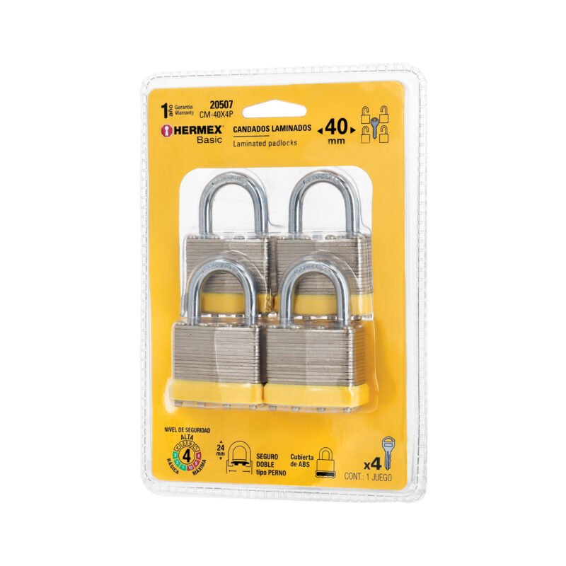 Código: 20507 Juego de 4 candados cuerpo laminado, 40 mm, HERMEX BASIC CM-40X4P