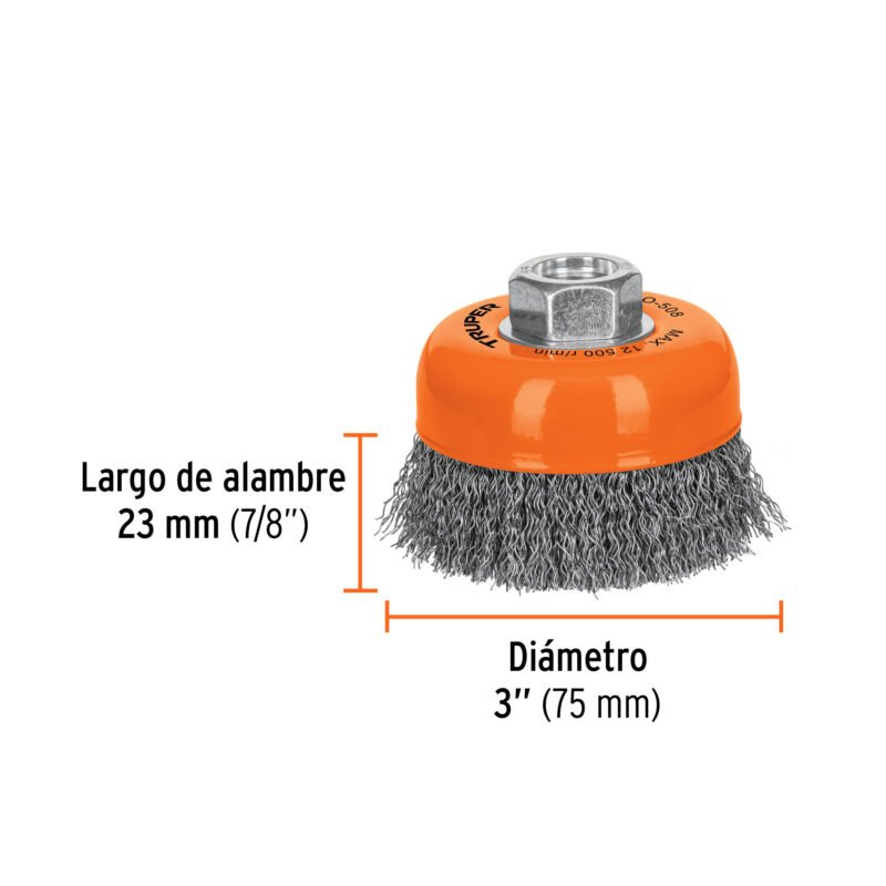 CO-508FC2.jpg Código: 14182 Carda copa 3' alambre ondulado fino, eje 5/8'-11, Truper CO-508