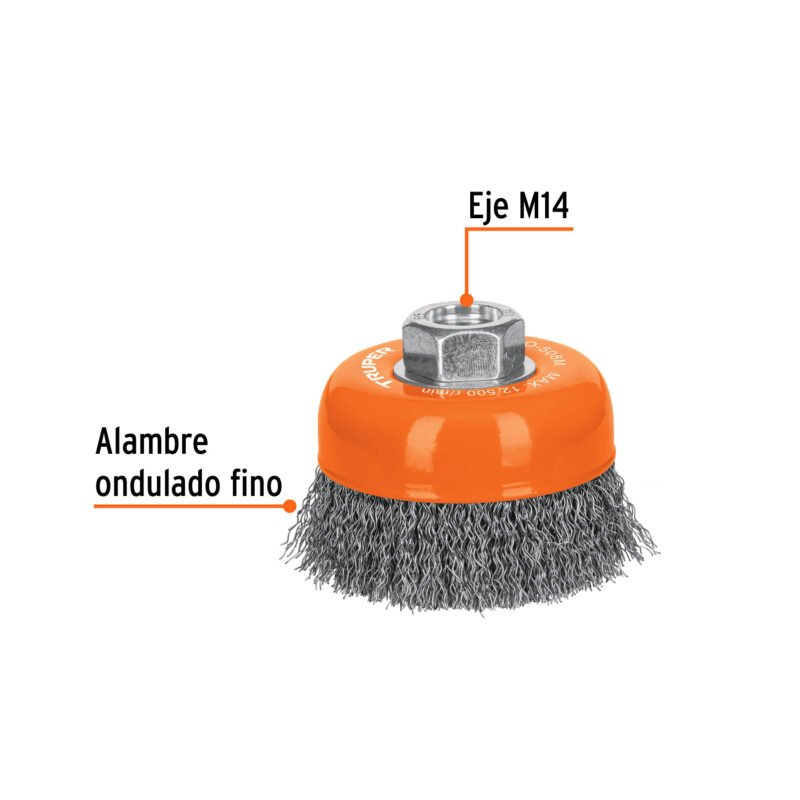 CO-508MFC1.jpg Código: 14180 Carda copa 3' alambre ondulado fino, eje M14, Truper CO-508M