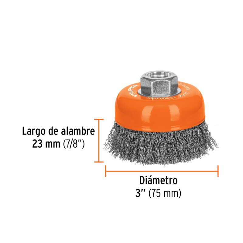 CO-508MFC2.jpg Código: 14180 Carda copa 3' alambre ondulado fino, eje M14, Truper CO-508M