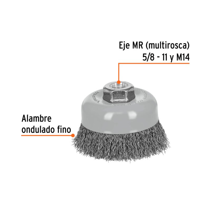 CO-510MRFC1.jpg Código: 100858 Carda copa 4' alambre ondulado fino, Multi-rosca, Truper CO-510MR