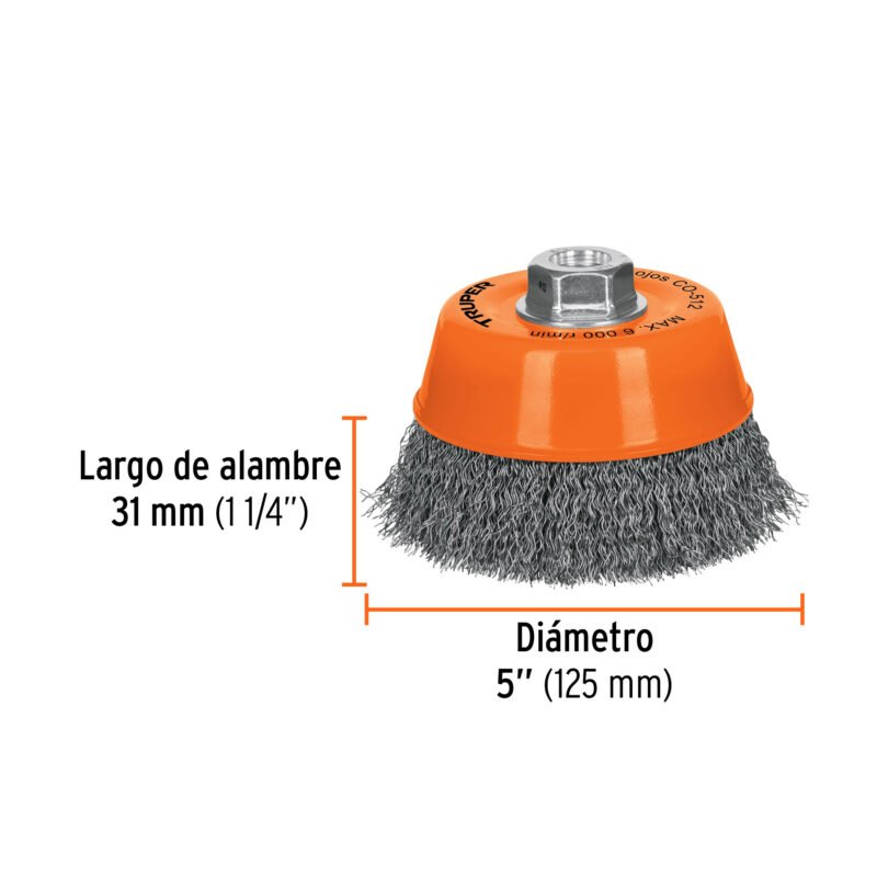 CO-512FC2.jpg Código: 11535 Carda copa 5' alambre ondulado fino, eje 5/8'-11, Truper CO-512