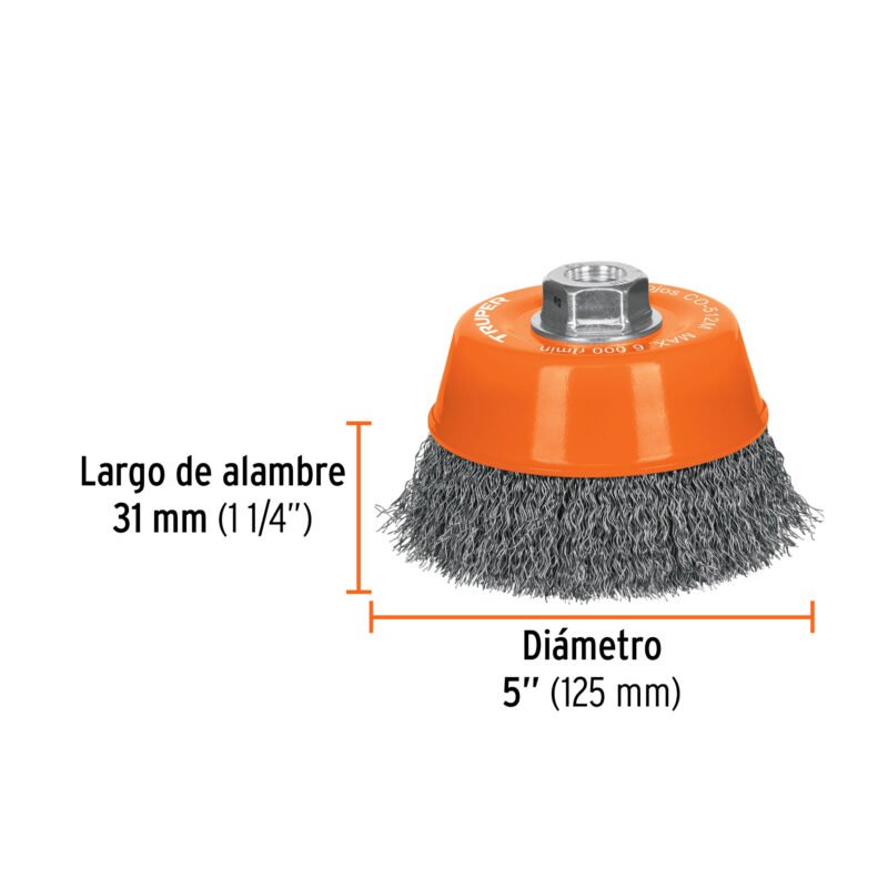 CO-512MFC2.jpg Código: 11538 Carda copa 5' alambre ondulado fino, eje M14, Truper CO-512M