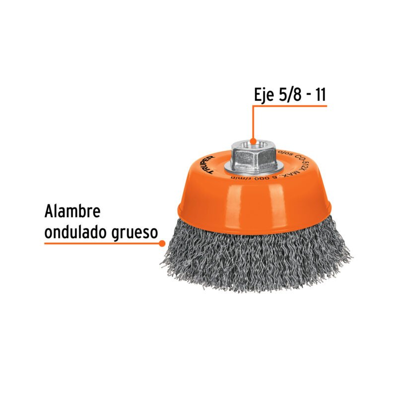 CO-512XFC1.jpg Código: 17533 Carda copa 5' alambre ondulado grueso, eje 5/8'-11, Truper CO-512X