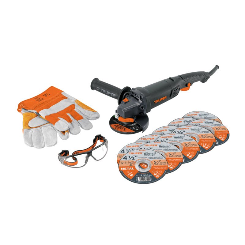 COMBOE-4590N.jpg Código: 101456 Combo esmeriladora 4-1/2',950W, discos, lentes y guantes,IND COMBOE-4590N