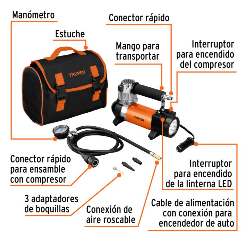 COMP-12FC1.jpg Código: 19999 Compresor de aire 12 V portátil, para auto, incluye maletín COMP-12