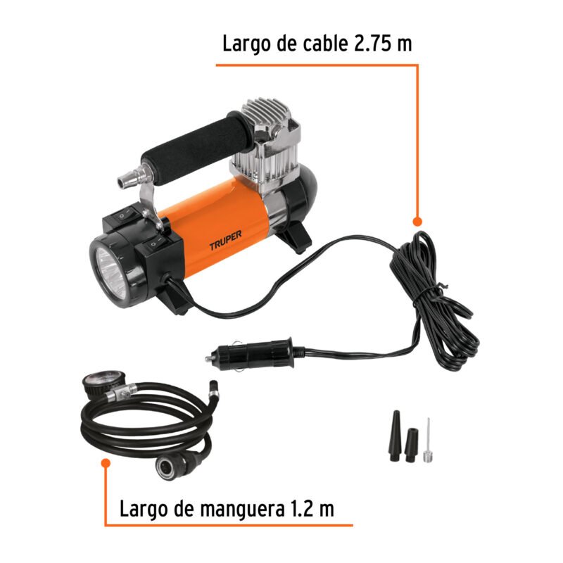 COMP-12FC2.jpg Código: 19999 Compresor de aire 12 V portátil, para auto, incluye maletín COMP-12