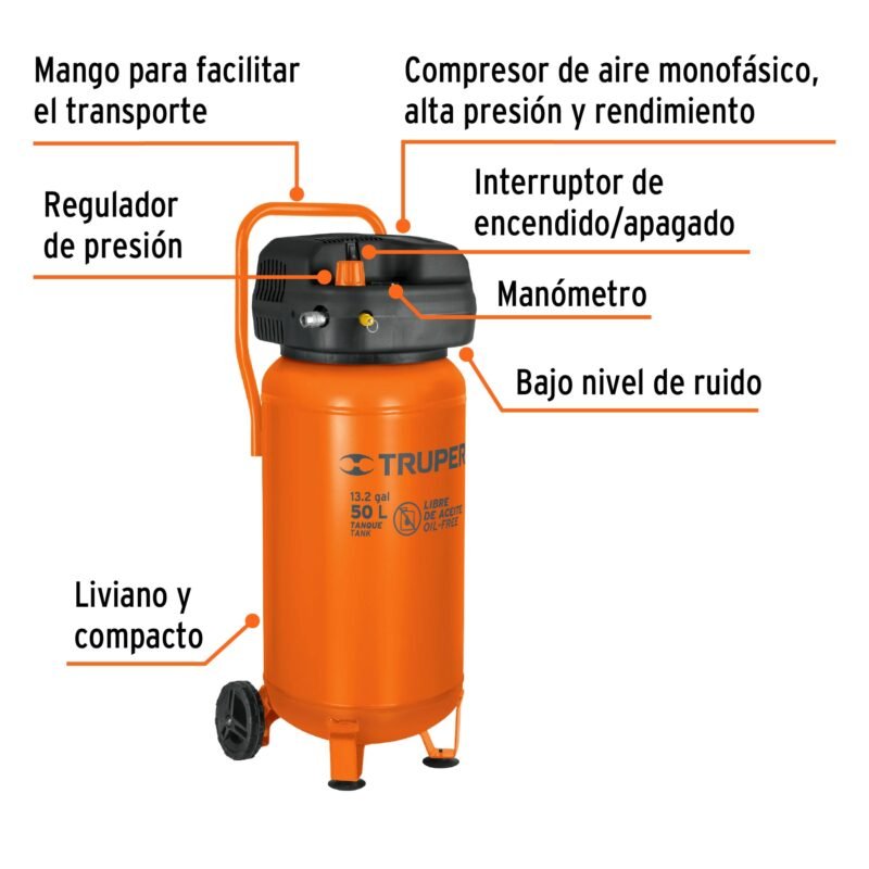 COMP-50SFC1.jpg Código: 13847 Compresor libre de aceite, 50L, 3HP, vertical, 127V, TRUPER COMP-50S