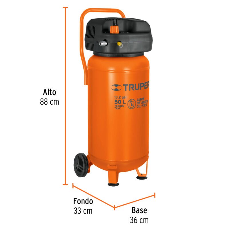 COMP-50SFC2.jpg Código: 13847 Compresor libre de aceite, 50L, 3HP, vertical, 127V, TRUPER COMP-50S