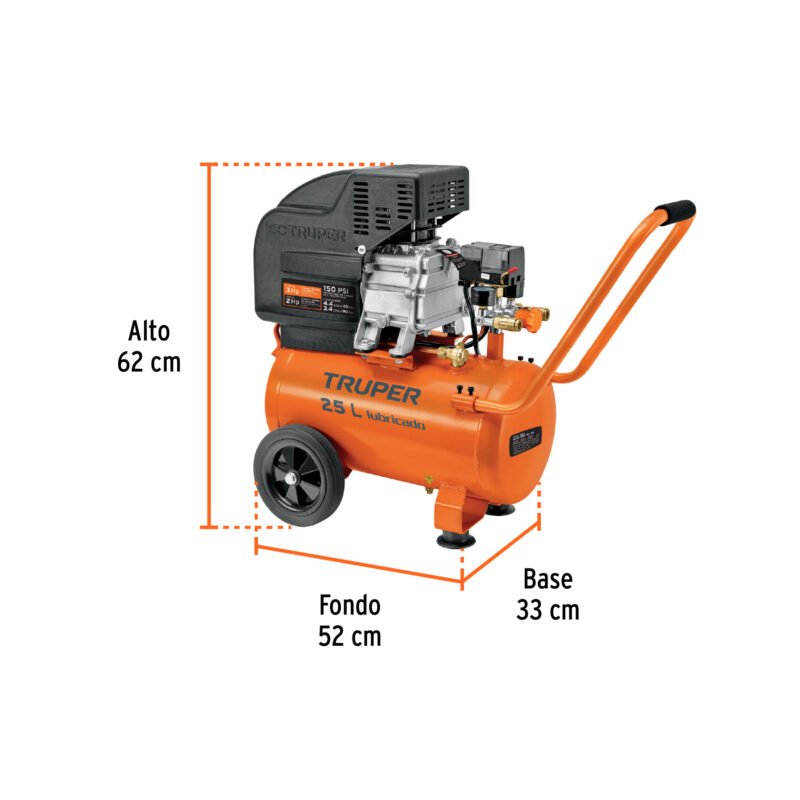 COMP-KIT25FC2.jpg Código: 100300 Kit Compresor lub, 25L, manguera y pistola grav,127V, TRUPER COMP-KIT25