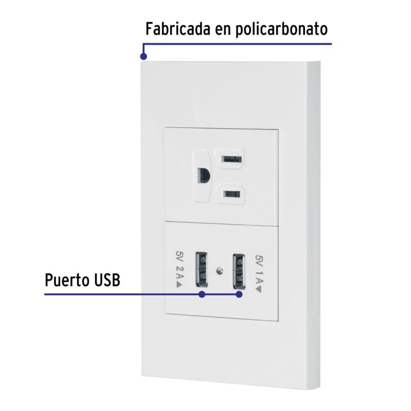 Código: 45603 Placa armada 1contacto, 2puertos USB, 1.5mod,Española,blanco COUSB-EB