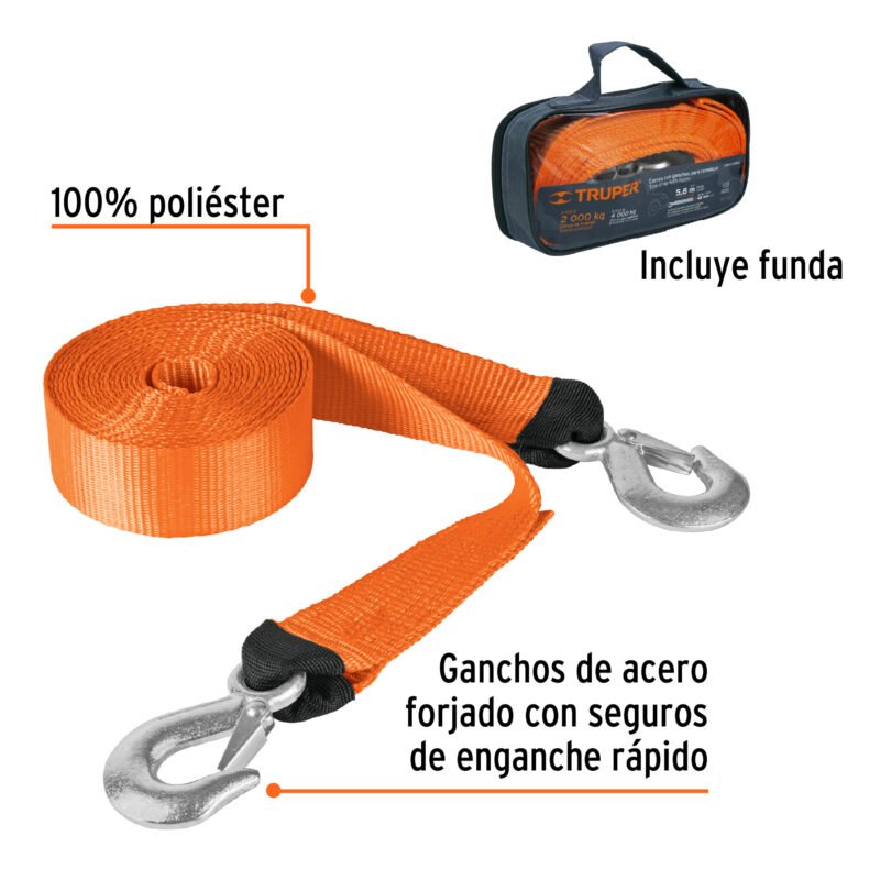 Código: 18344 Correa con ganchos para remolque, 48 mm x 5.8 m, Truper CREM-2X58C