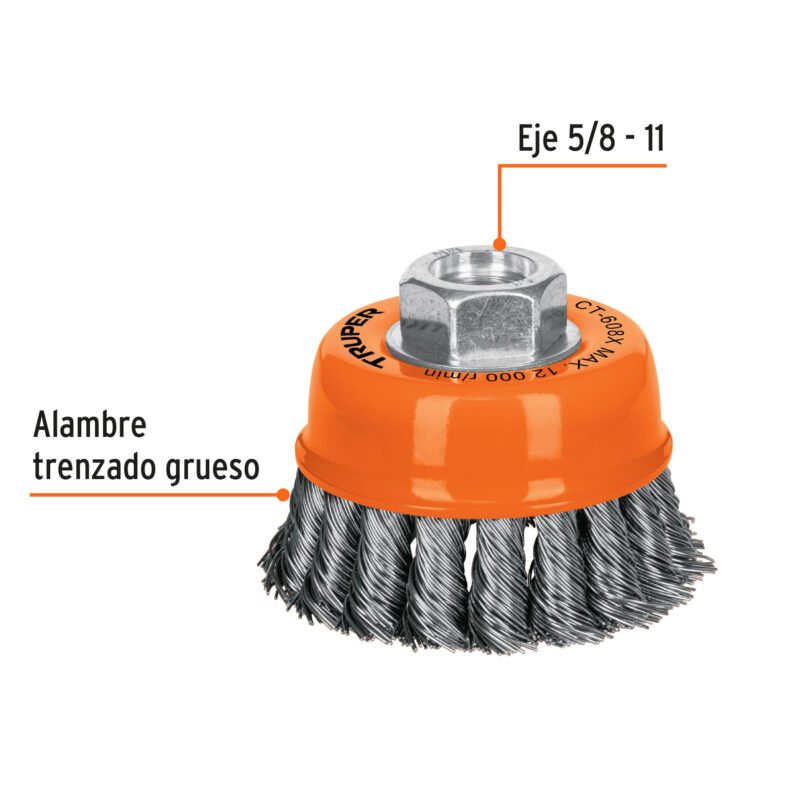 Código: 17529 Carda copa 3' alambre trenzado grueso, eje 5/8'-11, Truper CT-608X
