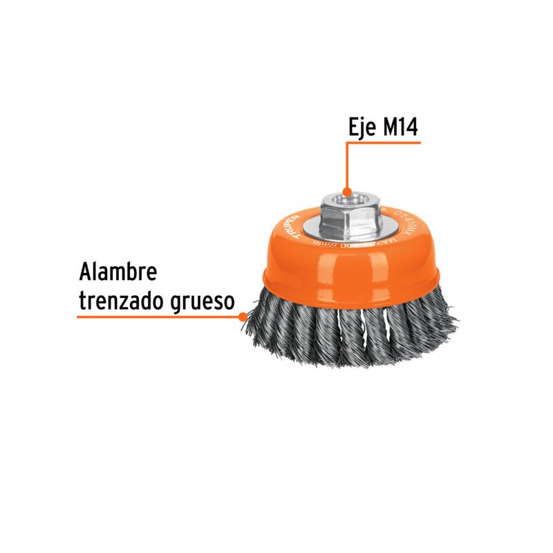Código: 17532 Carda copa 4' alambre trenzado grueso, eje M14, Truper CT-610MX