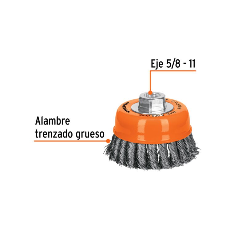 Código: 17531 Carda copa 4' alambre trenzado grueso, eje 5/8'-11, Truper CT-610X