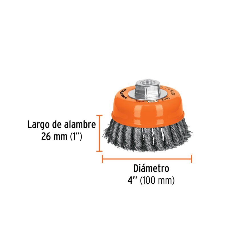 Código: 17531 Carda copa 4' alambre trenzado grueso, eje 5/8'-11, Truper CT-610X