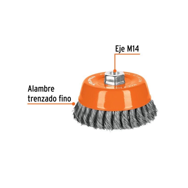 CT-612MFC1.jpg Código: 11544 Carda copa 5' alambre trenzado fino, eje M14, Truper CT-612M