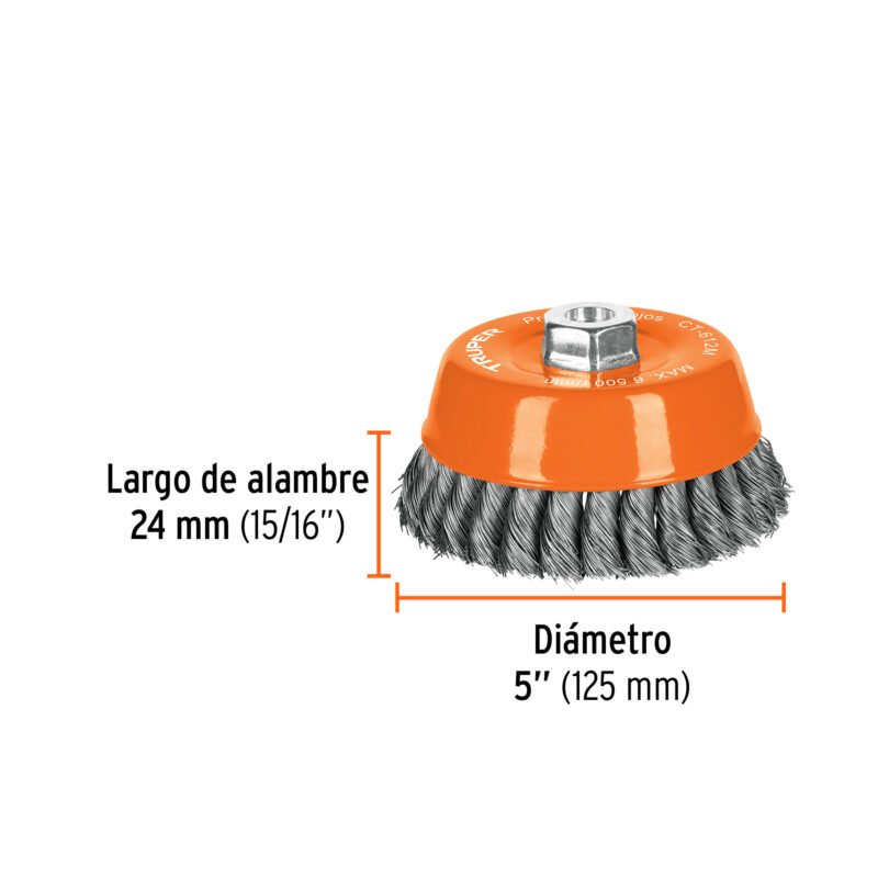 CT-612MFC2.jpg Código: 11544 Carda copa 5' alambre trenzado fino, eje M14, Truper CT-612M
