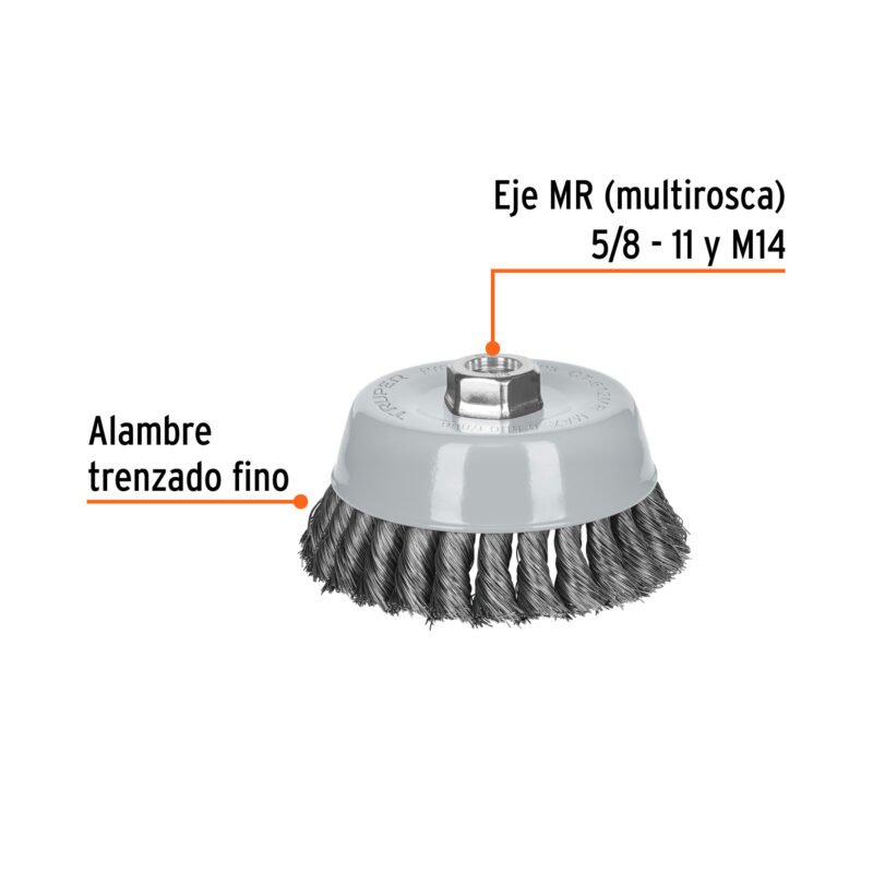 CT-612MRFC1.jpg Código: 100853 Carda copa 5' alambre trenzado fino, Multi-rosca, Truper CT-612MR