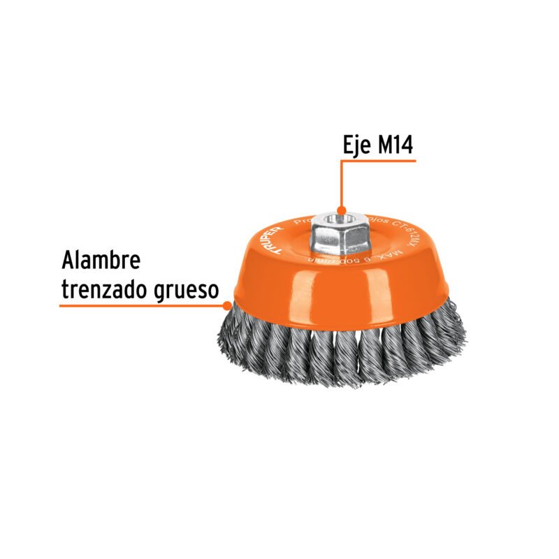 CT-612MXFC1.jpg Código: 11543 Carda copa 5' alambre trenzado grueso, eje M14, Truper CT-612MX
