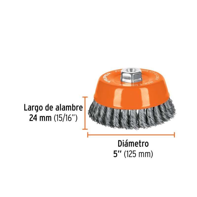 CT-612MXFC2.jpg Código: 11543 Carda copa 5' alambre trenzado grueso, eje M14, Truper CT-612MX