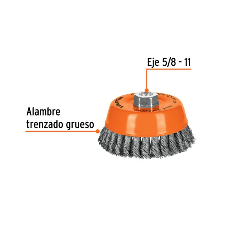CT-612XFC1.jpg Código: 11542 Carda copa 5' alambre trenzado grueso, eje 5/8'-11, Truper CT-612X